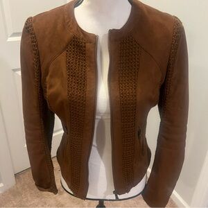 Blanc Noir Brown  Jacket with Cropped Fit and Collarless Design
